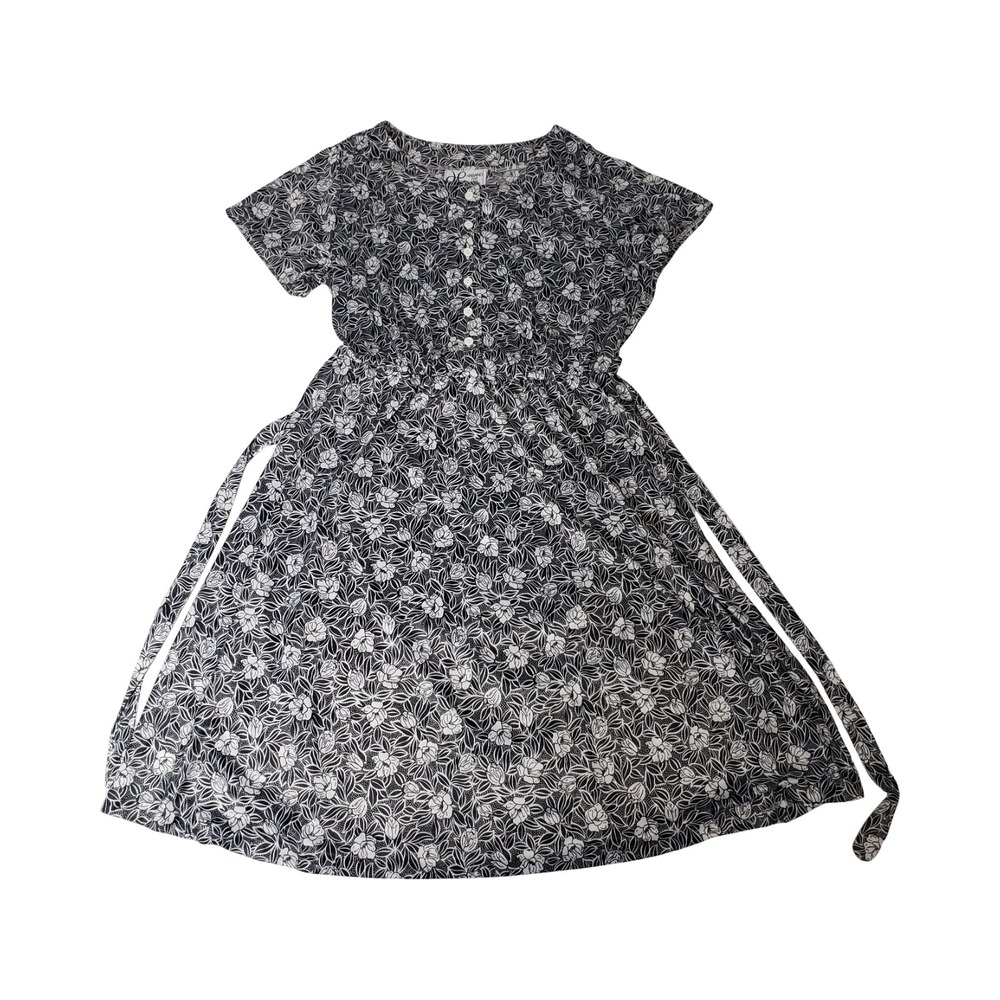 Haband For Her Floral Midi Dress XL Black White Short Sleeve Elastic Waist Tie